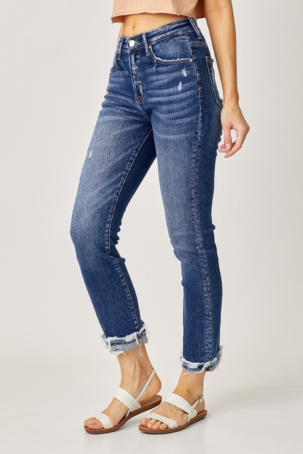 Risen Full Size High-Rise Frayed Cuffed Straight Jeans | Sleekdenim.com