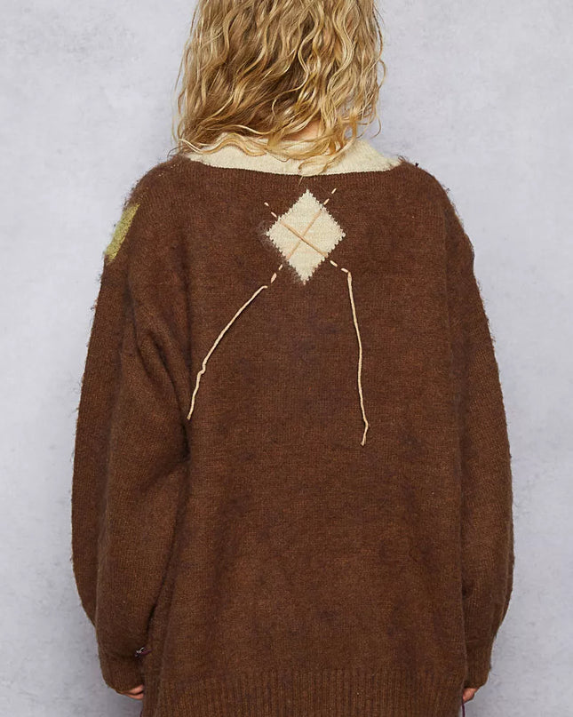 POL V-Neck Argyle Pattern Mohair Sweater with Contrast Exposed Stitch Detail - Sleekdenim.com