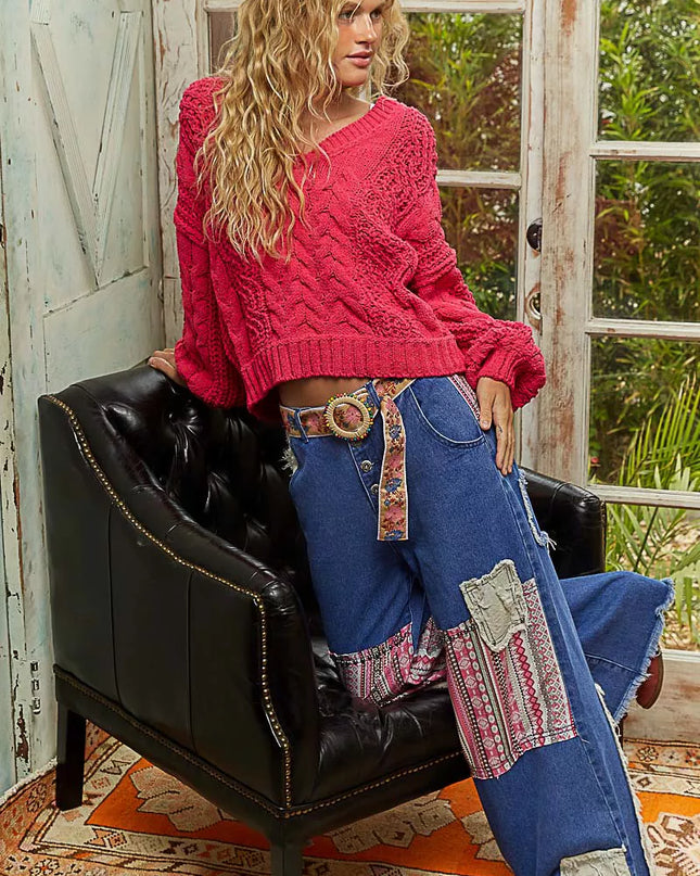 POL Cable-Knit Solid V-Neck Cropped Sweater - Sleekdenim.com