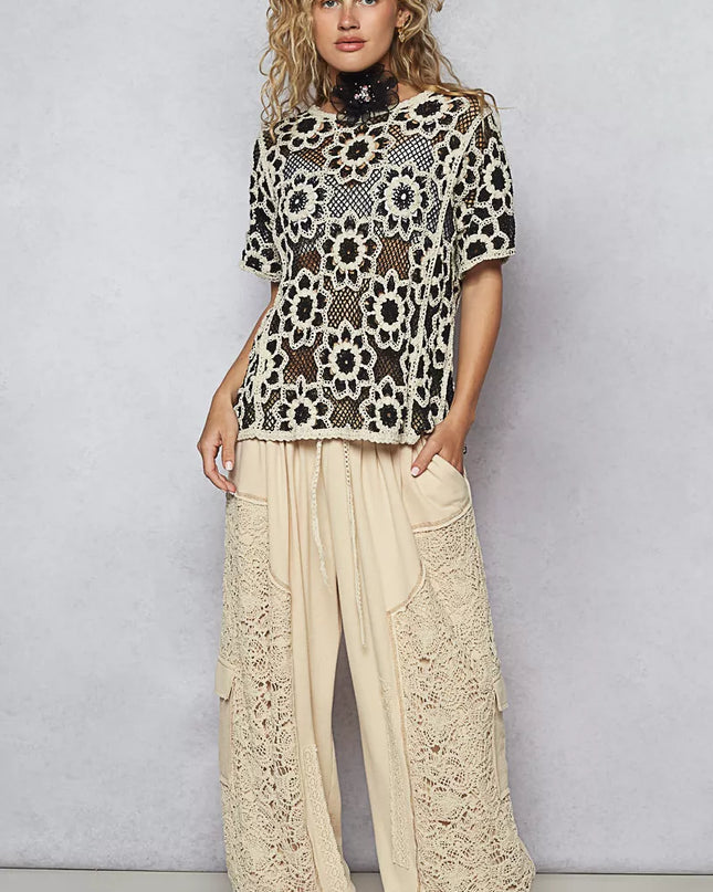 POL Openwork Short Sleeve Crochet Knit Top with Weave Knit Patterns - Sleekdenim.com