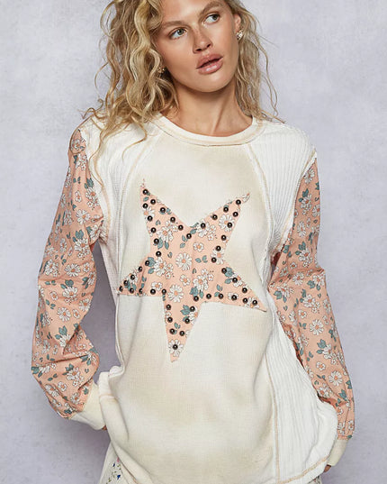 POL Exposed Seam Star Patch Thermal Top with Floral Sleeves - Sleekdenim.com