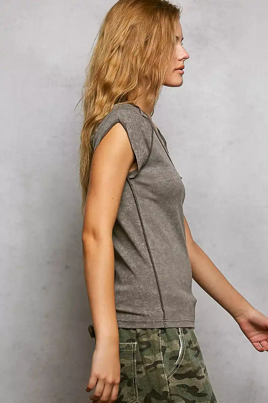 POL V-Neck Short Sleeve Washed T-Shirt with Outseam - Sleekdenim.com