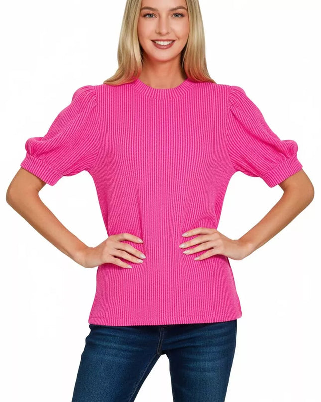 Zenana Raised Rib Puff Sleeve Top - Sleekdenim.com