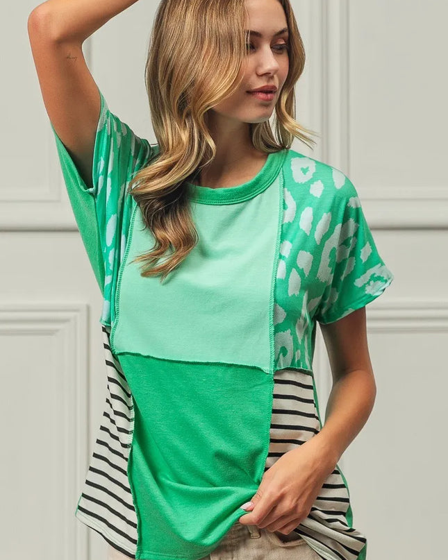 BiBi Leopard and Stripe Color Block Top With Exposed Seam - Sleekdenim.com