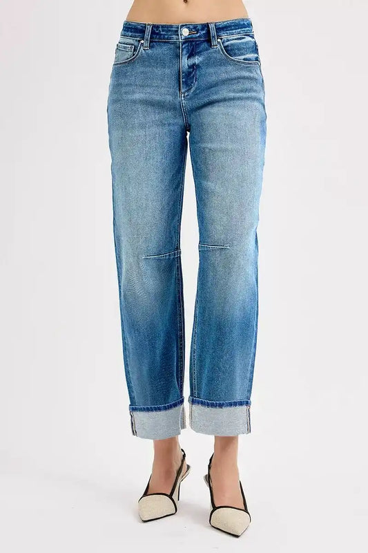 RISEN Mid Rise Slouchy Crop Barrel Cuffed Jeans