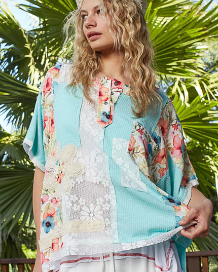 POL Lace Round Neck Short Sleeve Floral Pattern Top with Patch Detail - Sleekdenim.com