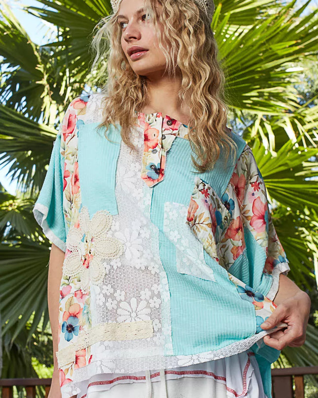 POL Lace Round Neck Short Sleeve Floral Pattern Top with Patch Detail - Sleekdenim.com