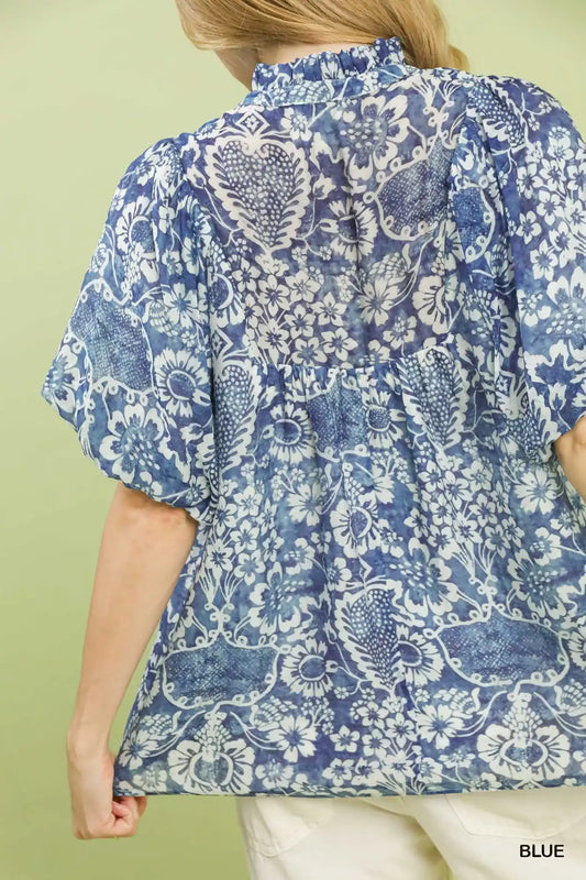 Umgee Abstract Print Ruffled Puff Sleeve Top - Sleekdenim.com