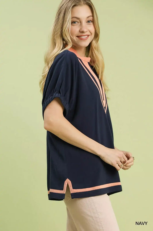 Umgee Linen Contrast Trim V-Neck Blouse - Sleekdenim.com