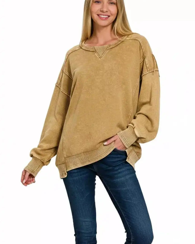 Zenana French Terry Acid Wash Pullover - Sleekdenim.com