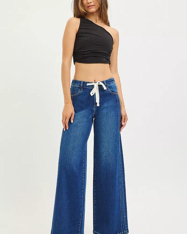 RISEN Full Size Mid Rise Wide Side Pintuck Jeans with Front Drawstring Plus Size - Sleekdenim.com