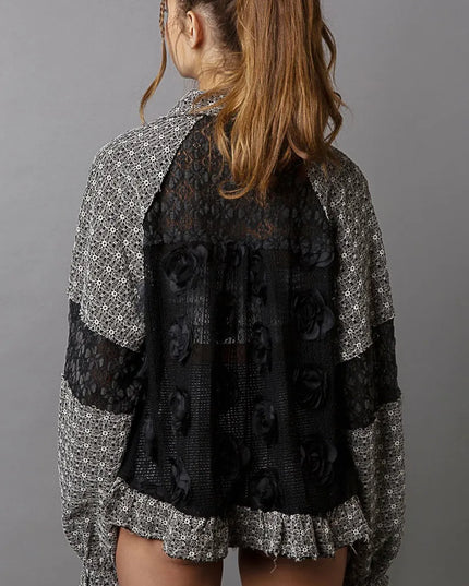 POL Eyelet Flower Pearl Detail Lace Patchwork Shirt - Sleekdenim.com