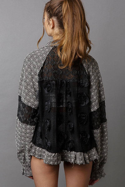 POL Eyelet Flower Pearl Detail Lace Patchwork Shirt | Sleekdenim.com