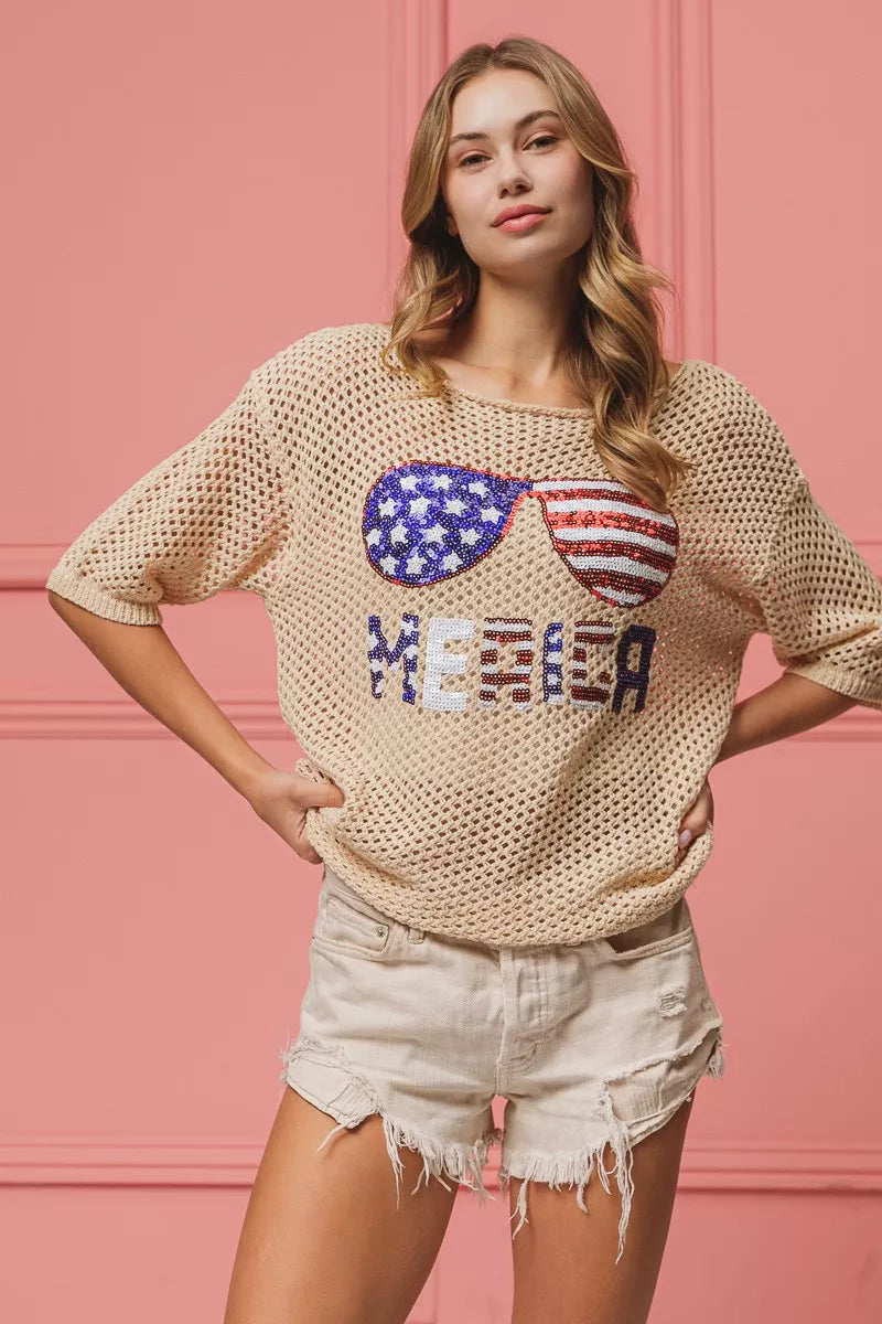 BiBi Sequin American Flag Sunglasses Knit Cover Up