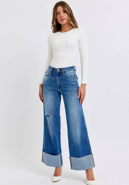 Judy Blue Full Size Distressed High Waist Wide Leg Jeans | Sleek Denim Boutique | Sleekdenim.com