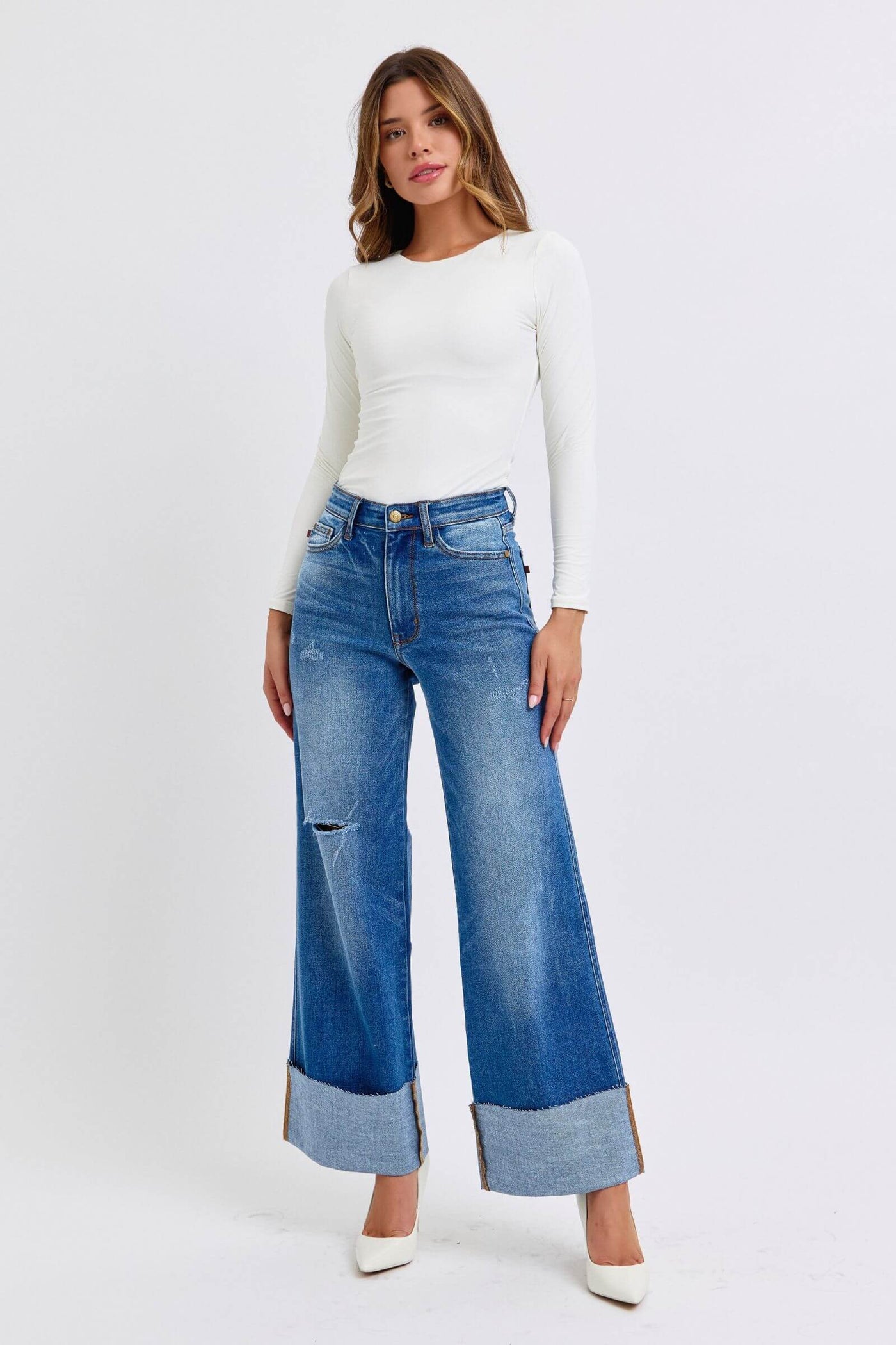 Judy Blue Full Size Distressed High Waist Wide Leg Jeans | Sleek Denim Boutique.