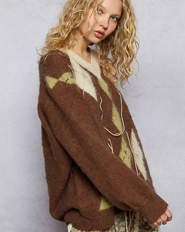 POL V-Neck Argyle Pattern Mohair Sweater with Contrast Exposed Stitch Detail - Sleekdenim.com