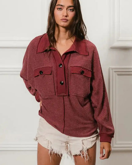 BiBi Cp French Terry Cut Edge Detail Collared Top - Sleekdenim.com