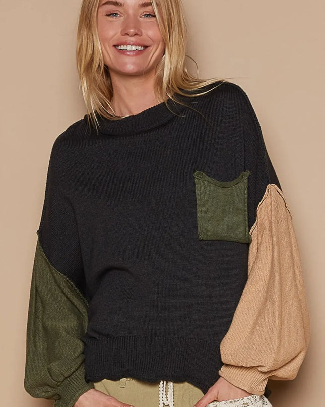 POL Color Block Roll Hem Hacci Sweater - Sleekdenim.com