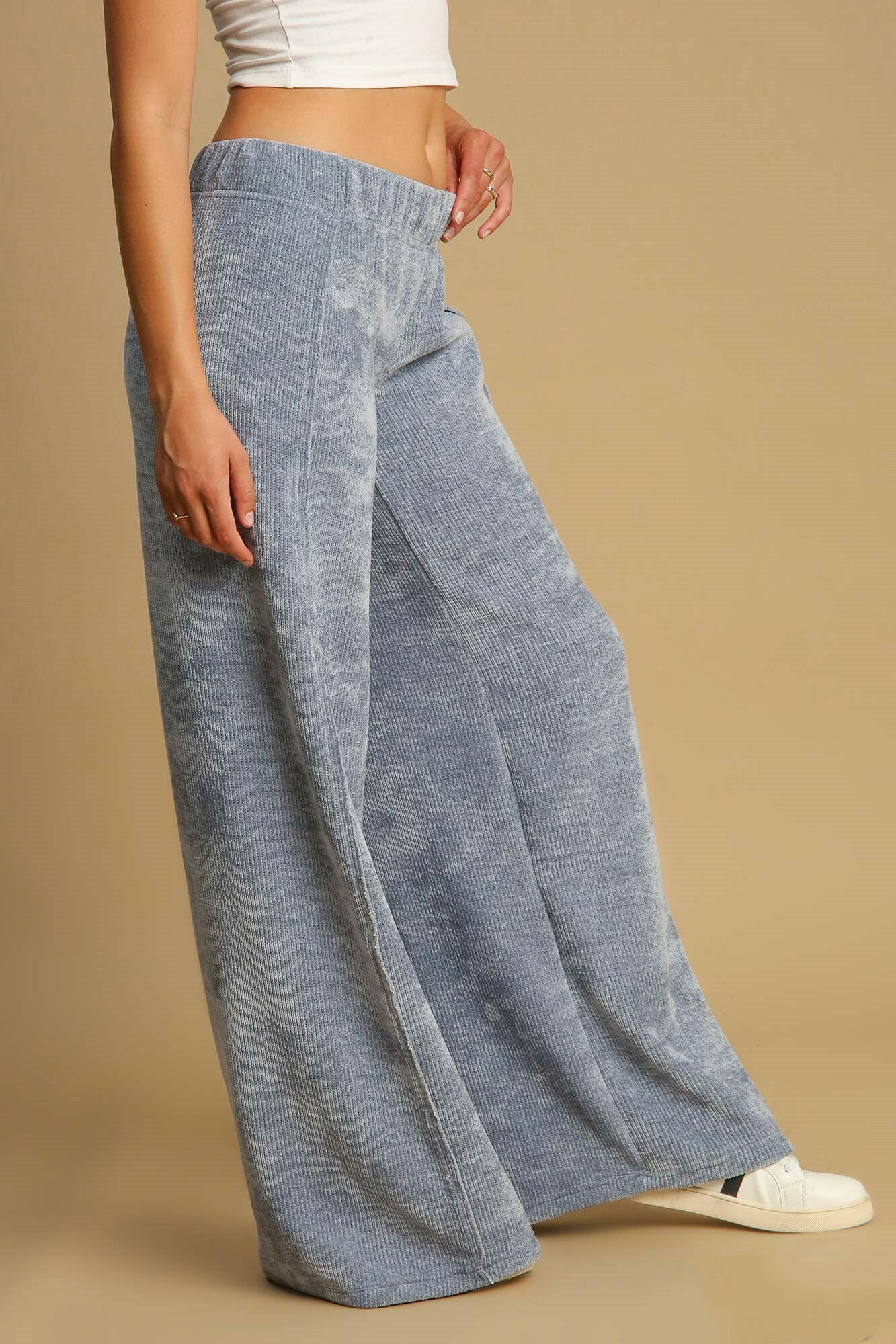 Umgee Elastic Waist Wide Leg Pants Light Blue