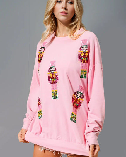 Double Take Sequin Nutcracker Round Neck Long Sleeve Sweatshirt - Sleekdenim.com
