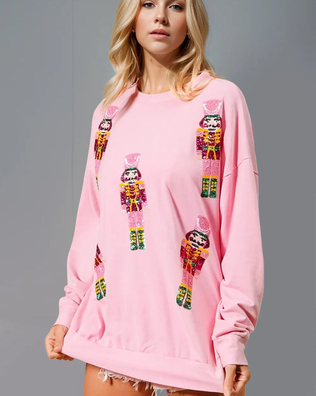 Double Take Sequin Nutcracker Round Neck Long Sleeve Sweatshirt - Sleekdenim.com