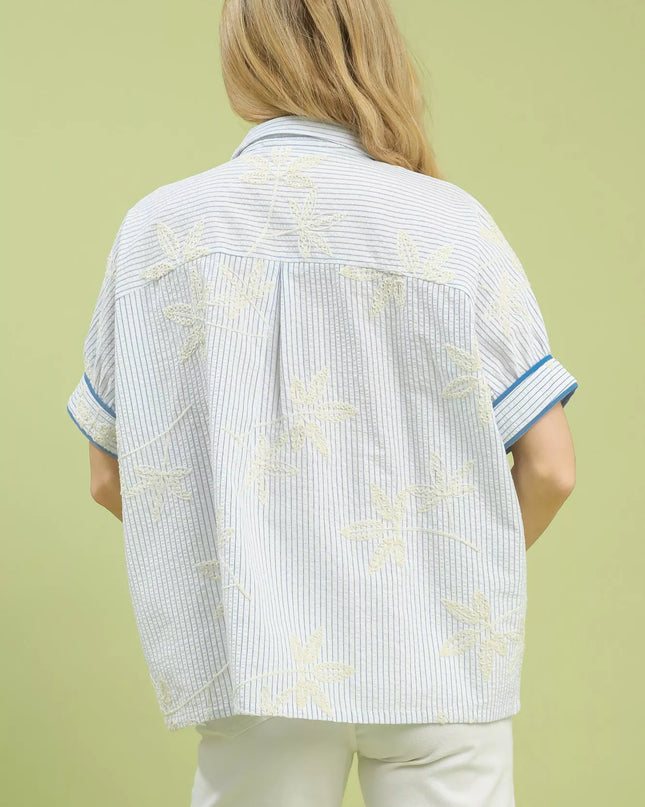 Umgee Striped Embroidered Blouse with Scallop Trim - Sleekdenim.com
