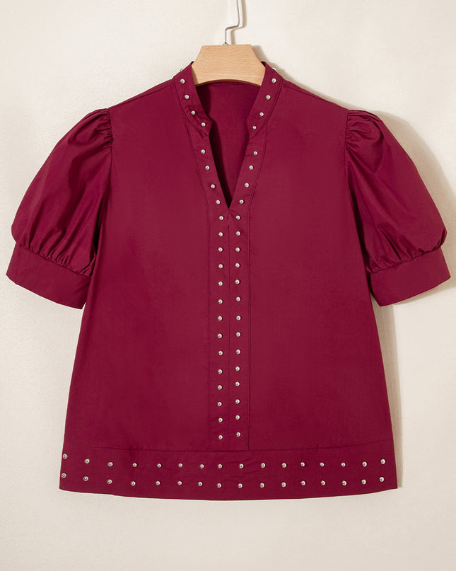 Burgundy Rivet Embellished V Neck Short Puff Sleeve Blouse - Sleekdenim.com