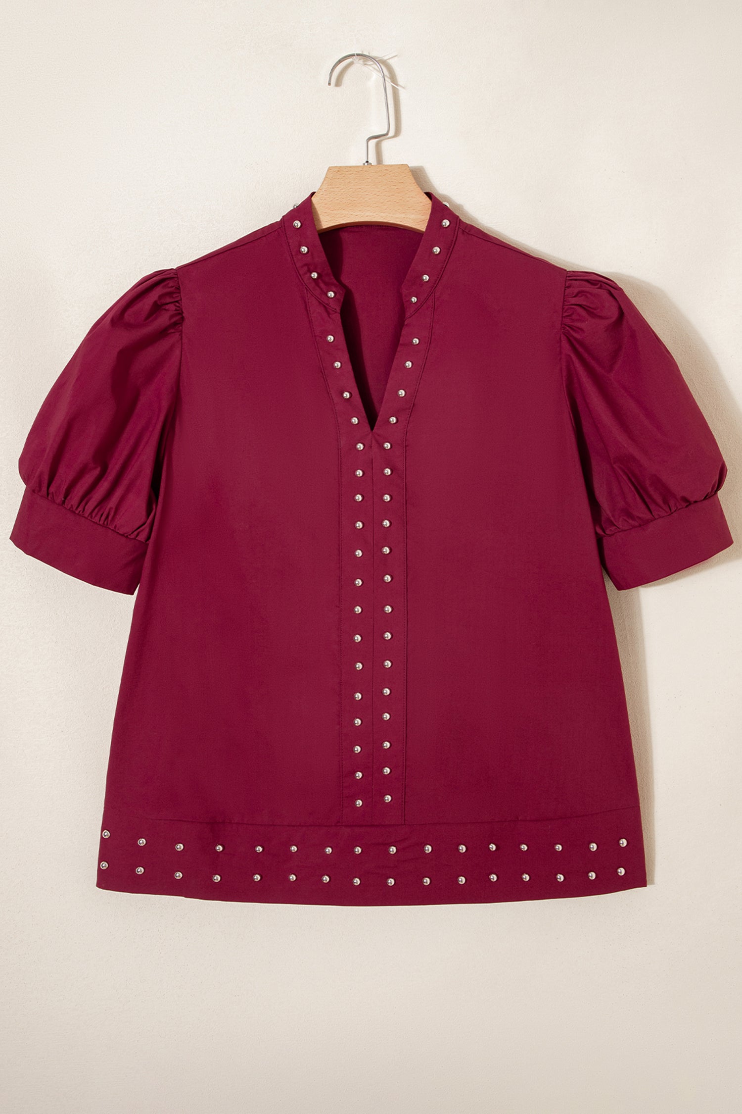 Burgundy Rivet Embellished V Neck Short Puff Sleeve Blouse - Sleekdenim.com