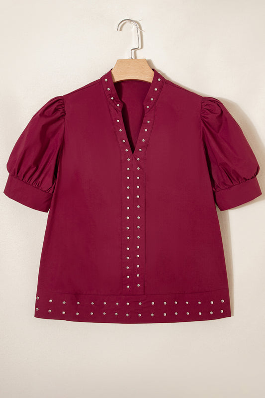 Burgundy Rivet Embellished V Neck Short Puff Sleeve Blouse - Sleekdenim.com