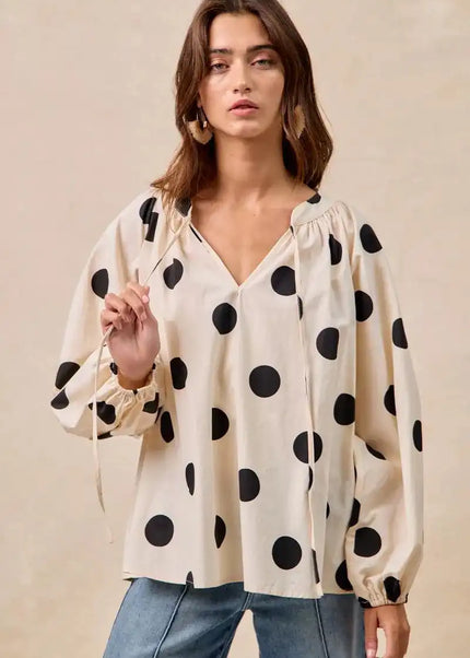 BiBi Polka Dot Exaggerated Balloon Sleeves Blouse - Sleekdenim.com