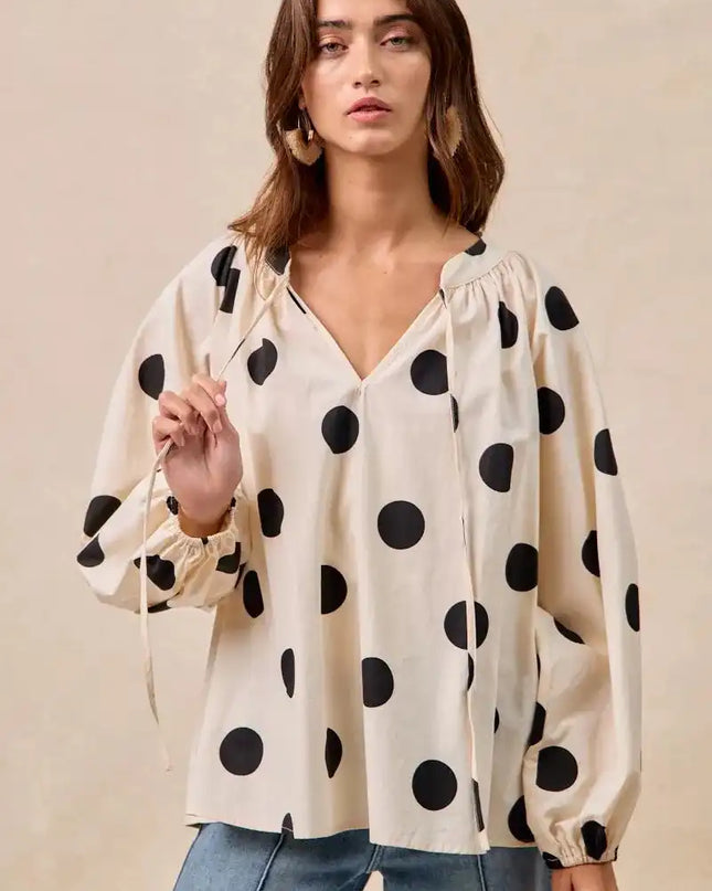 BiBi Polka Dot Exaggerated Balloon Sleeves Blouse - Sleekdenim.com