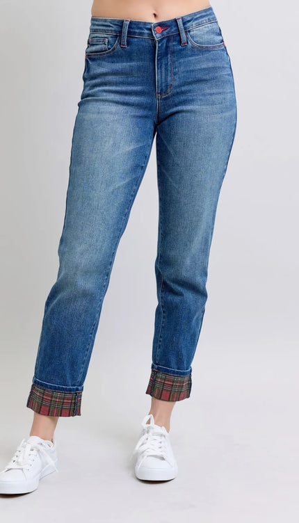 Judy Blue Full Size Plaid Print Cuff Straight Leg Jeans with Pockets - Sleekdenim.com