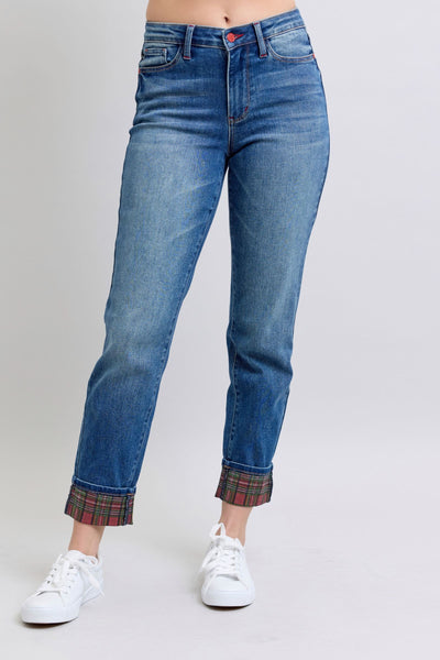 Judy Blue Plaid Print Cuff Straight Leg Jeans with Pockets