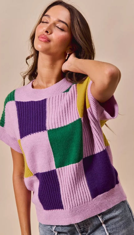 SO ME Mardi Gras Check Plaid Casual Sweater Top - 7