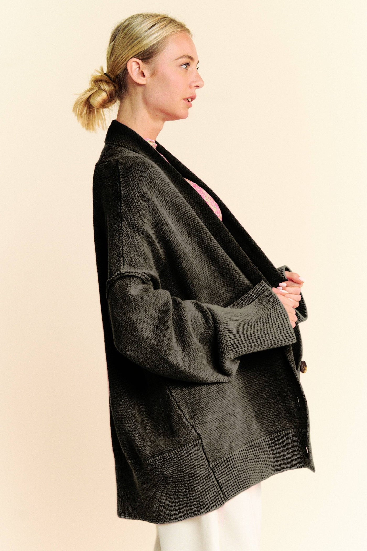 Davi & Dani Shawl Collar Ribbed Detail Button Up Cardigan | Sleekdenim.com