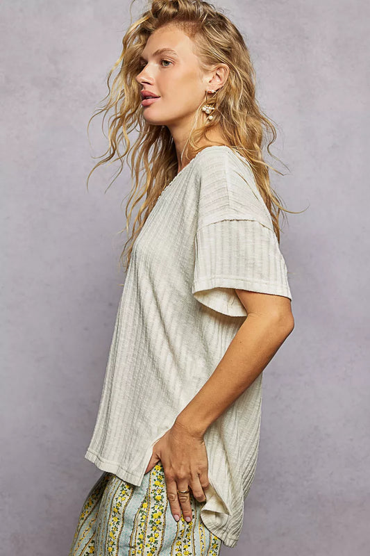 POL Ribbed Knit V-Neck Short Sleeve T-Shirt with Side Slit - Sleekdenim.com