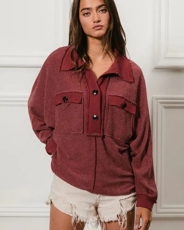 BiBi Cp French Terry Cut Edge Detail Collared Top - Sleekdenim.com