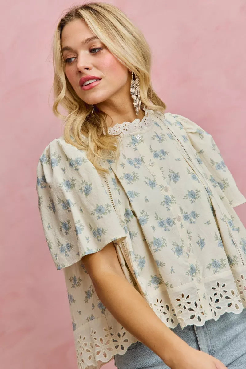 SO ME Floral Print Lace Trim Flutter Sleeves Blouse - Sleekdenim.com