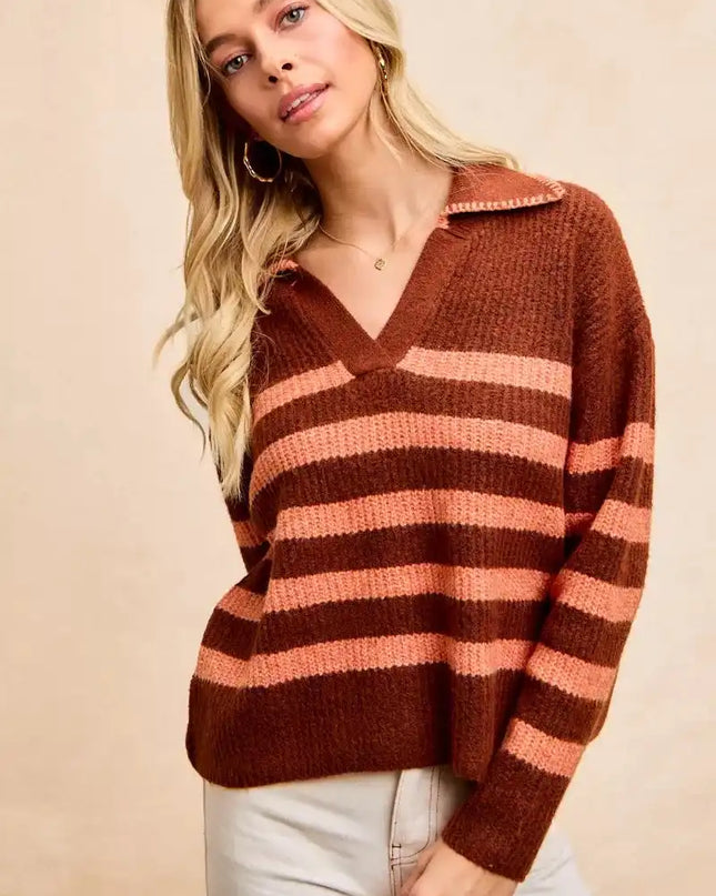 BiBi Striped Sweater Top with Collar Stitched Details - Sleekdenim.com