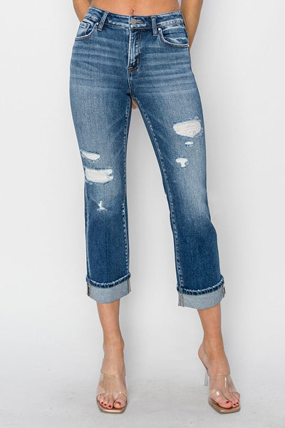 RISEN Full Size Cuffed Ankle Distressed Straight Jeans | Sleekdenim.com