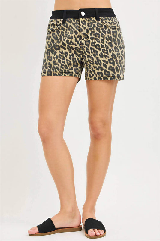 RISEN High Rise Leopard Shorts with Contrast Waistband - Sleekdenim.com