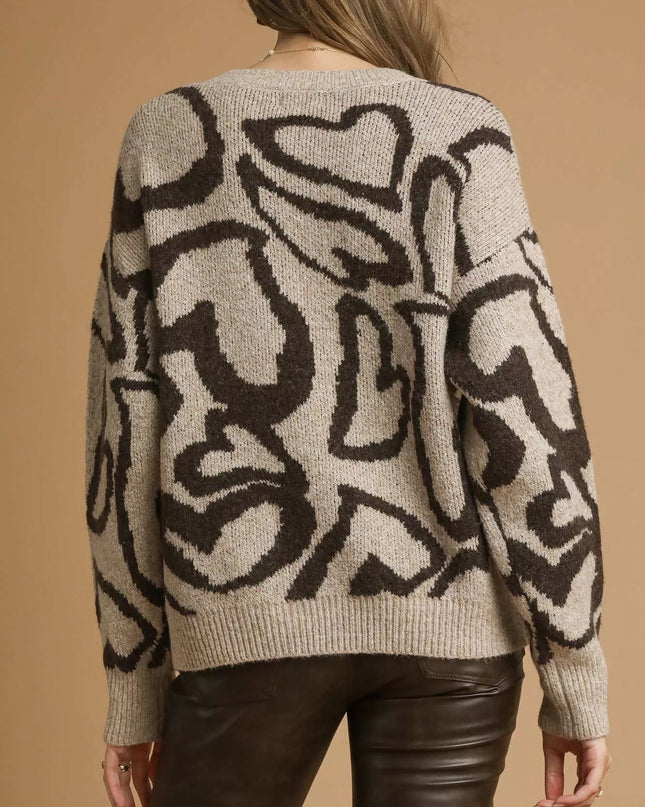 Umgee Heart Print Crew Neck Sweater - Sleekdenim.com