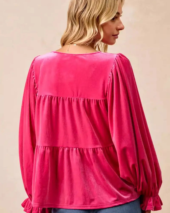 BiBi Christmas Theme Velvet Bow Tied Blouse - Sleekdenim.com