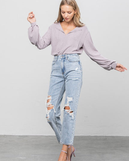 High Rise Ripped Girlfriend Jeans - Sleekdenim.com
