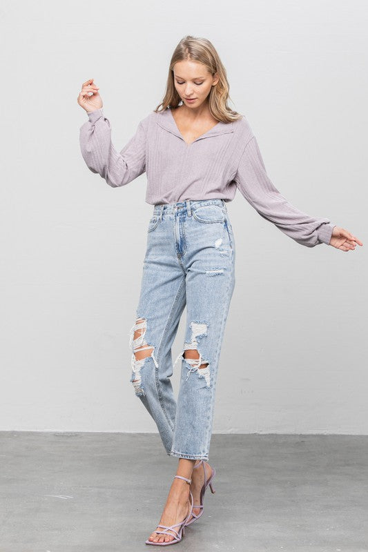 High Rise Ripped Girlfriend Jeans - Sleekdenim.com