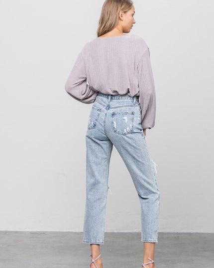 High Rise Ripped Girlfriend Jeans - Sleekdenim.com