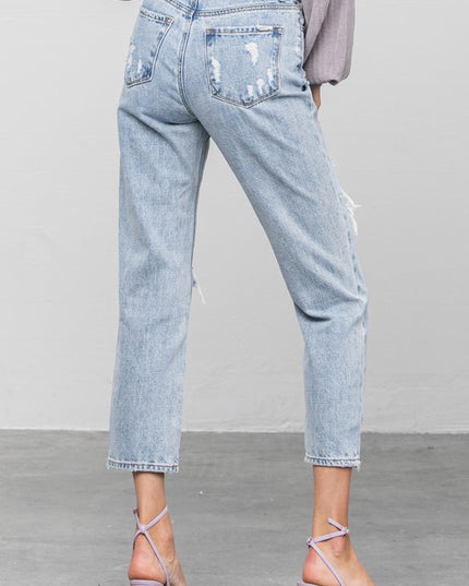 High Rise Ripped Girlfriend Jeans - Sleekdenim.com