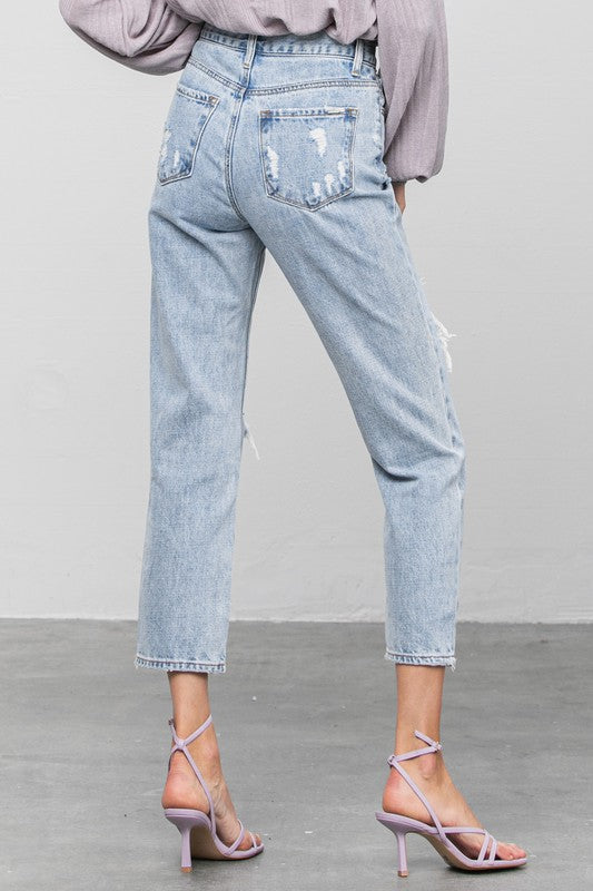 High Rise Ripped Girlfriend Jeans - Sleekdenim.com