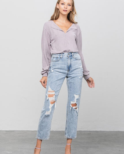 High Rise Ripped Girlfriend Jeans - Sleekdenim.com